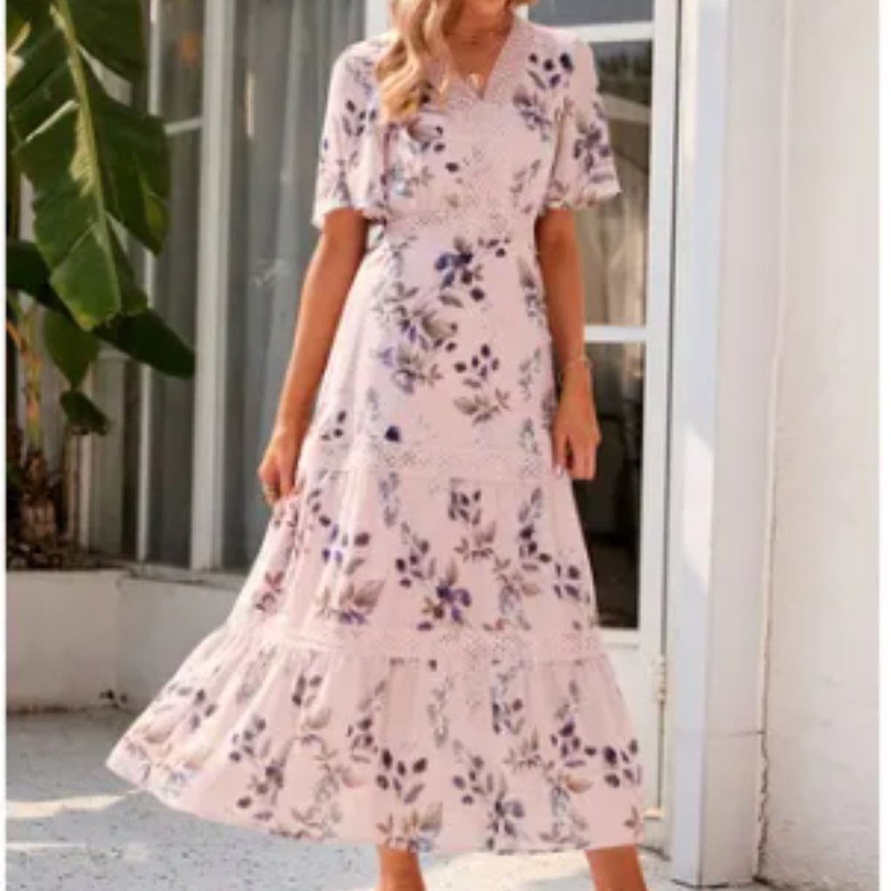 JJ's House Pink Floral Dress with Lace Trim and Tiered Bottom